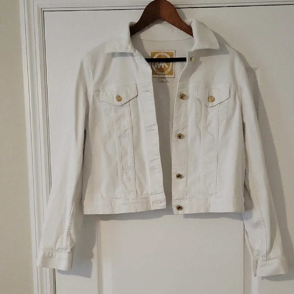 Michael Kors White Cropped Denim Jacket Gold Buttons Size Large - Picture 1 of 6